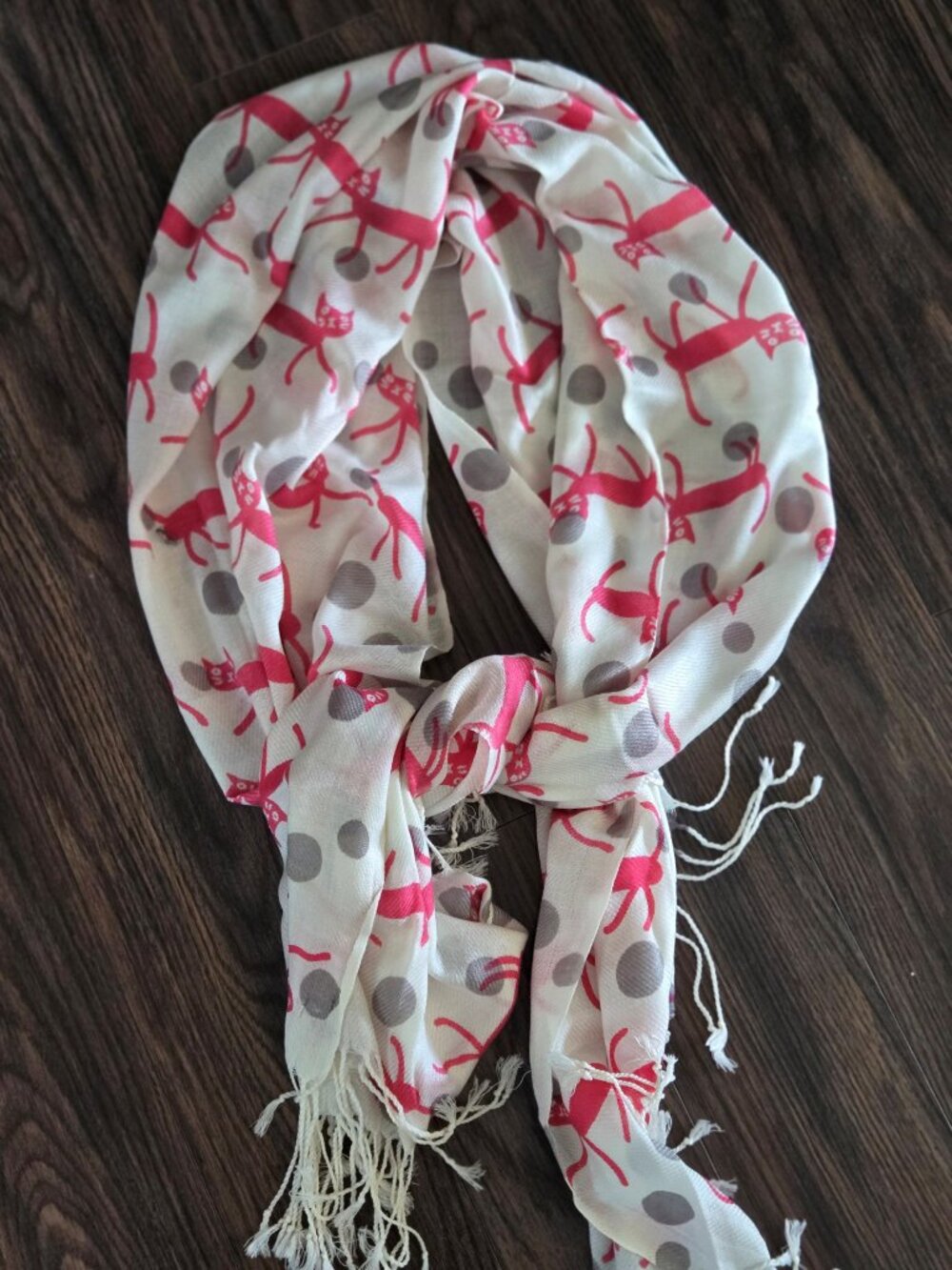 Pink Cat Scarf w/ Gray Polka Dots & Fringe NWOT